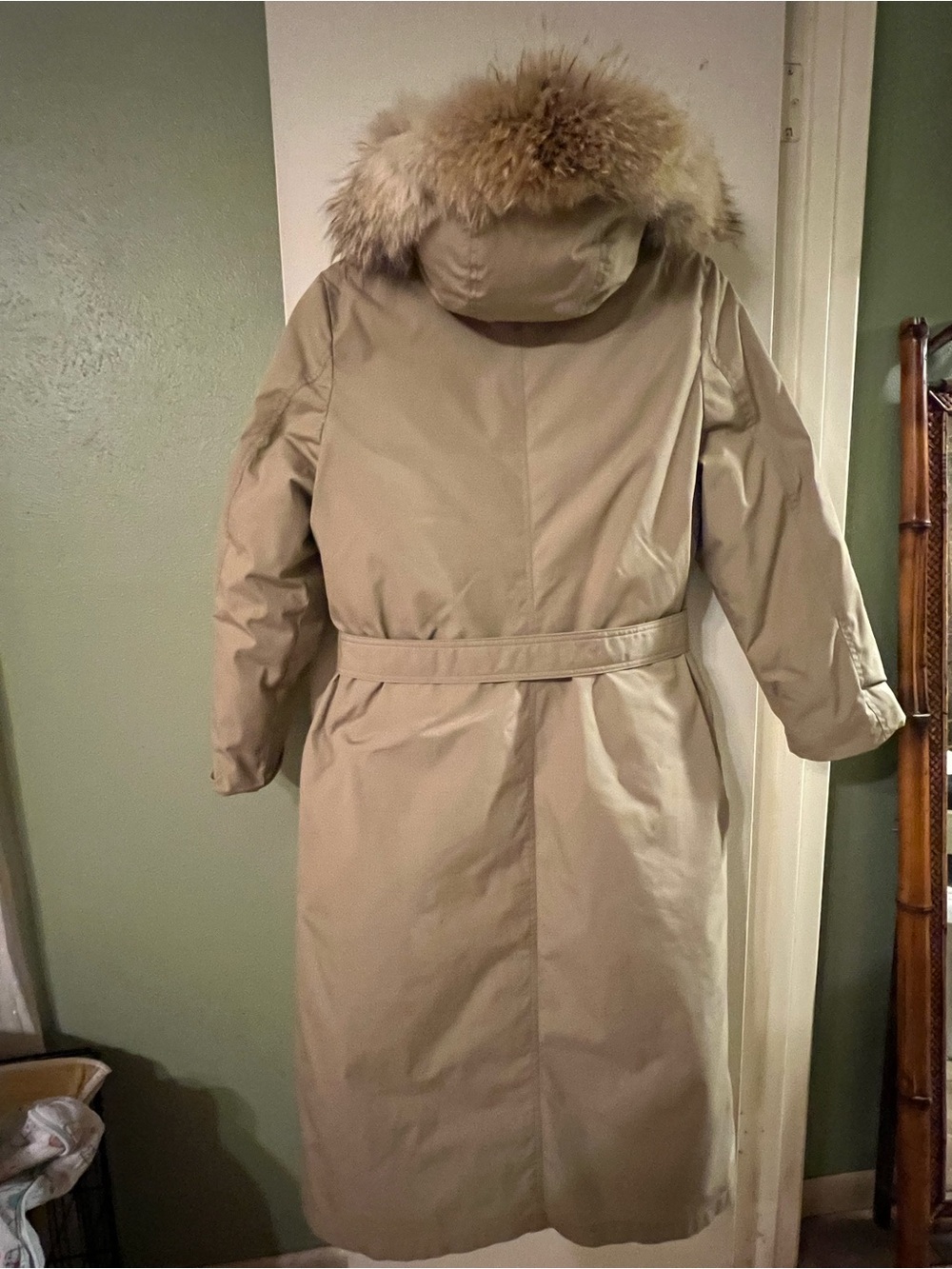 EDDIE BAUER Goose Down Long Trench Puff Jacket Removable Fox Fur Trim Size M-L - Picture 2 of 14